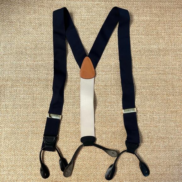 Jos A Bank Suspenders Navy Grosgrain Black Leather Button On Braces Mens - Picture 1 of 9